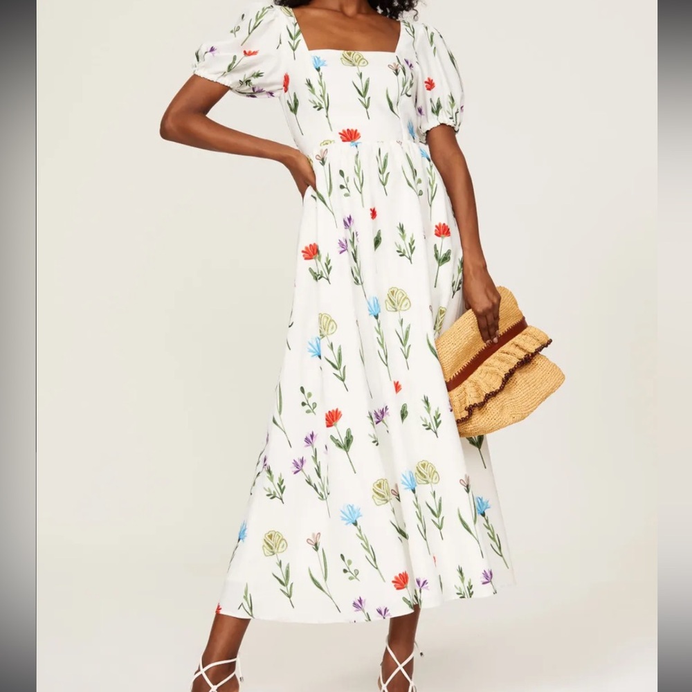 Willow & Slate Artsy Summer Wildflower Puff Sleeve White Maxi Dress Size Small